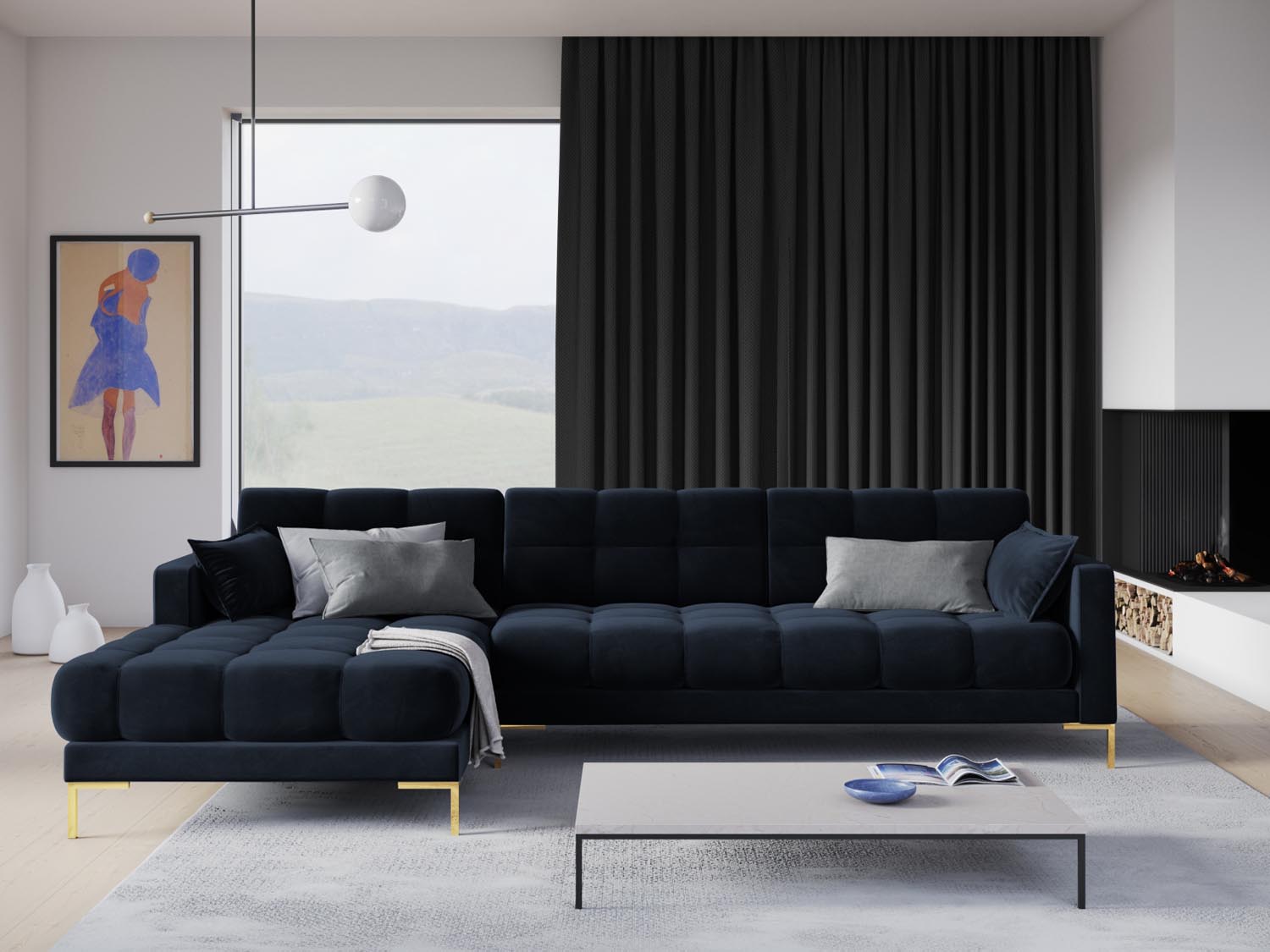 Mamaia Velour Ecksofa links 5 Sitzer in Dark Blue/Gold präsentiert im Onlineshop von KAQTU Design AG. Ecksofa links ist von Micadoni