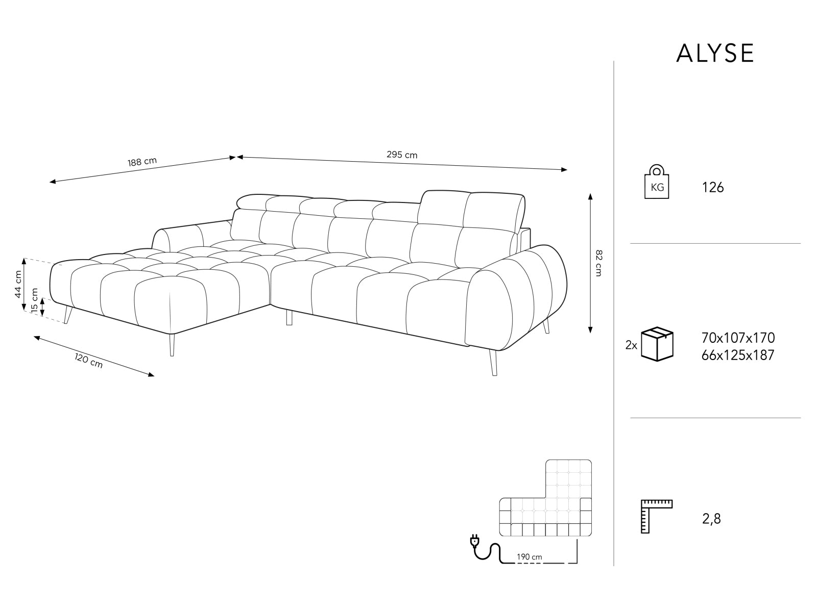 Entdecken Sie das Alyse Velour Electric Ecksofa links von Micadoni – ein stilvolles 5-Sitzer Sofa, das modernen Komfort und Eleganz perfekt kombiniert.