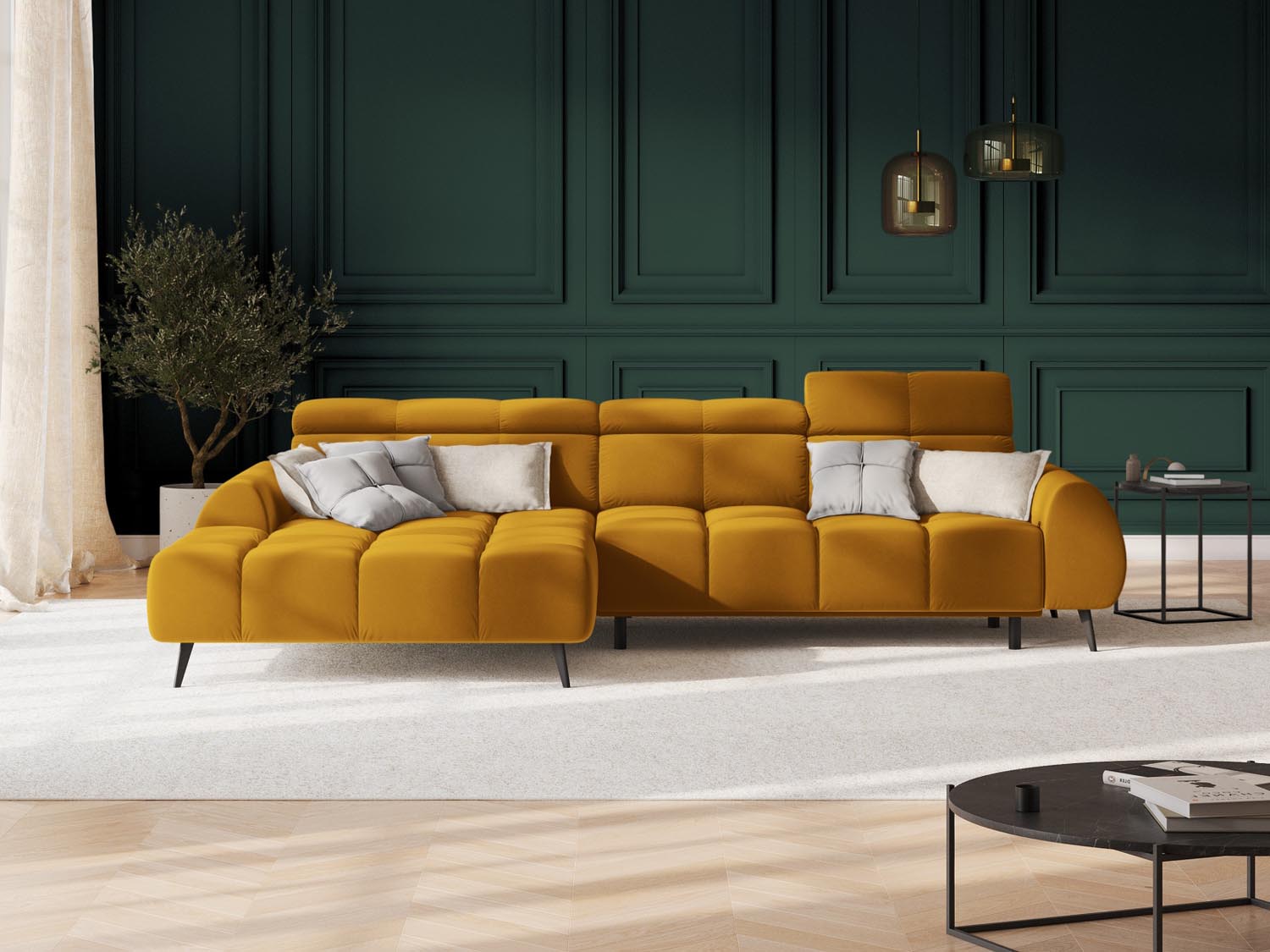 Erleben Sie das Alyse Velour Electric Ecksofa links von Micadoni – ein elegantes 5-Sitzer Sofa, das modernen Stil und höchsten Komfort vereint.