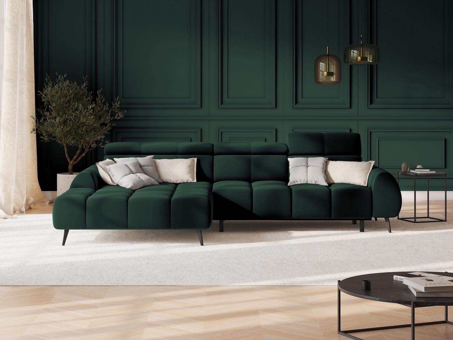Erleben Sie das Alyse Velour Electric Ecksofa links von Micadoni – ein elegantes 5-Sitzer Sofa, das modernen Stil und höchsten Komfort vereint.