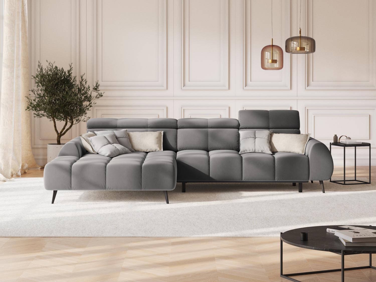 Erleben Sie das Alyse Velour Electric Ecksofa links von Micadoni – ein elegantes 5-Sitzer Sofa, das modernen Stil und höchsten Komfort vereint.
