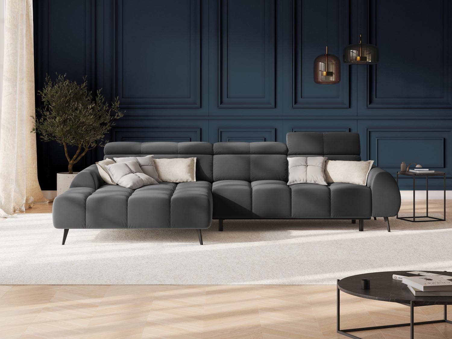 Erleben Sie das Alyse Velour Electric Ecksofa links von Micadoni – ein elegantes 5-Sitzer Sofa, das modernen Stil und höchsten Komfort vereint.