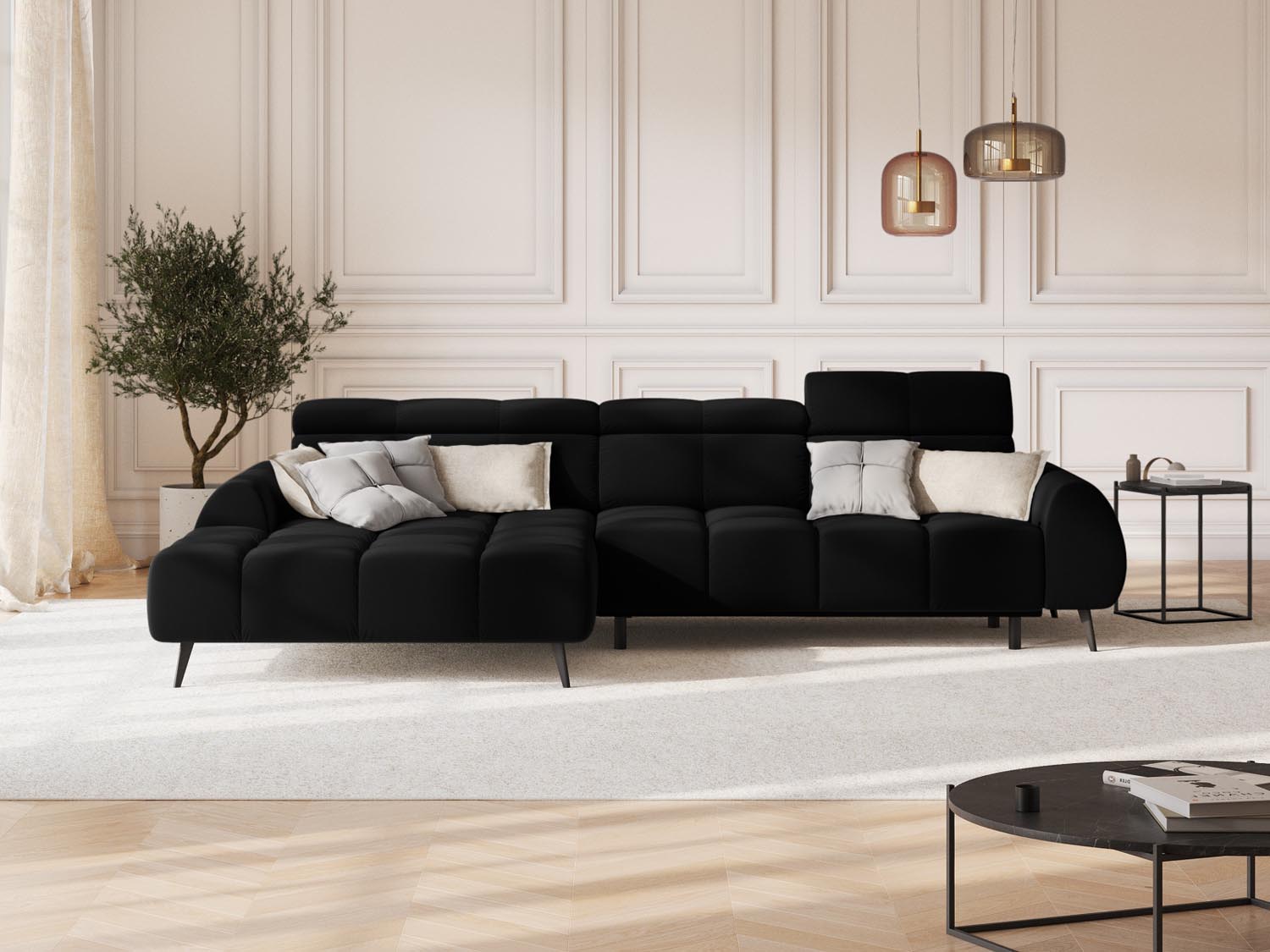 Erleben Sie das Alyse Velour Electric Ecksofa links von Micadoni – ein elegantes 5-Sitzer Sofa, das modernen Stil und höchsten Komfort vereint.