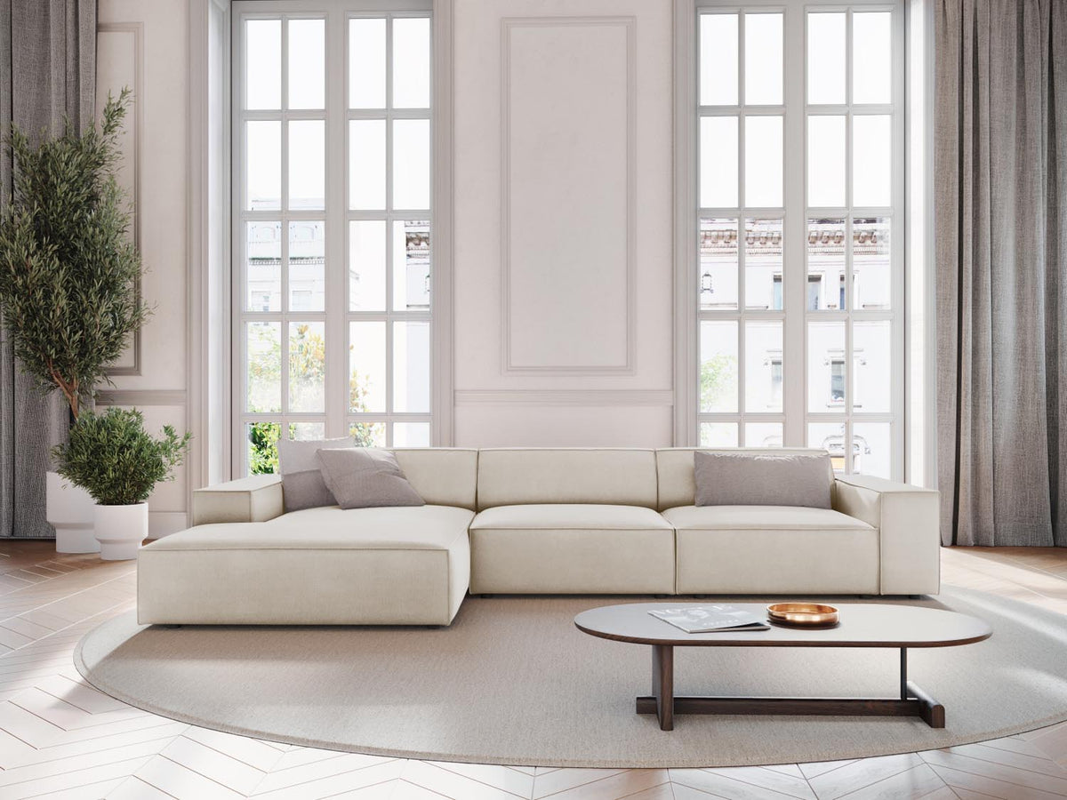 Jodie Velour modulares Ecksofa links 4 Sitzer in Dark Beige-Bluvel präsentiert im Onlineshop von KAQTU Design AG. L-Sofa links ist von Micadoni