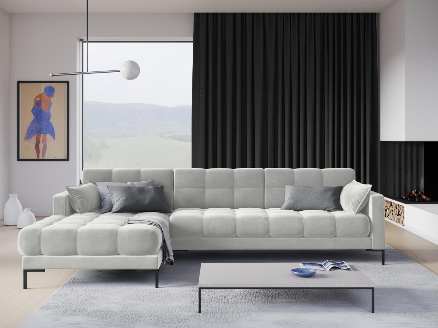 Mamaia Velour Ecksofa links 5 Sitzer in Silver/Schwarz präsentiert im Onlineshop von KAQTU Design AG. Ecksofa links ist von Micadoni