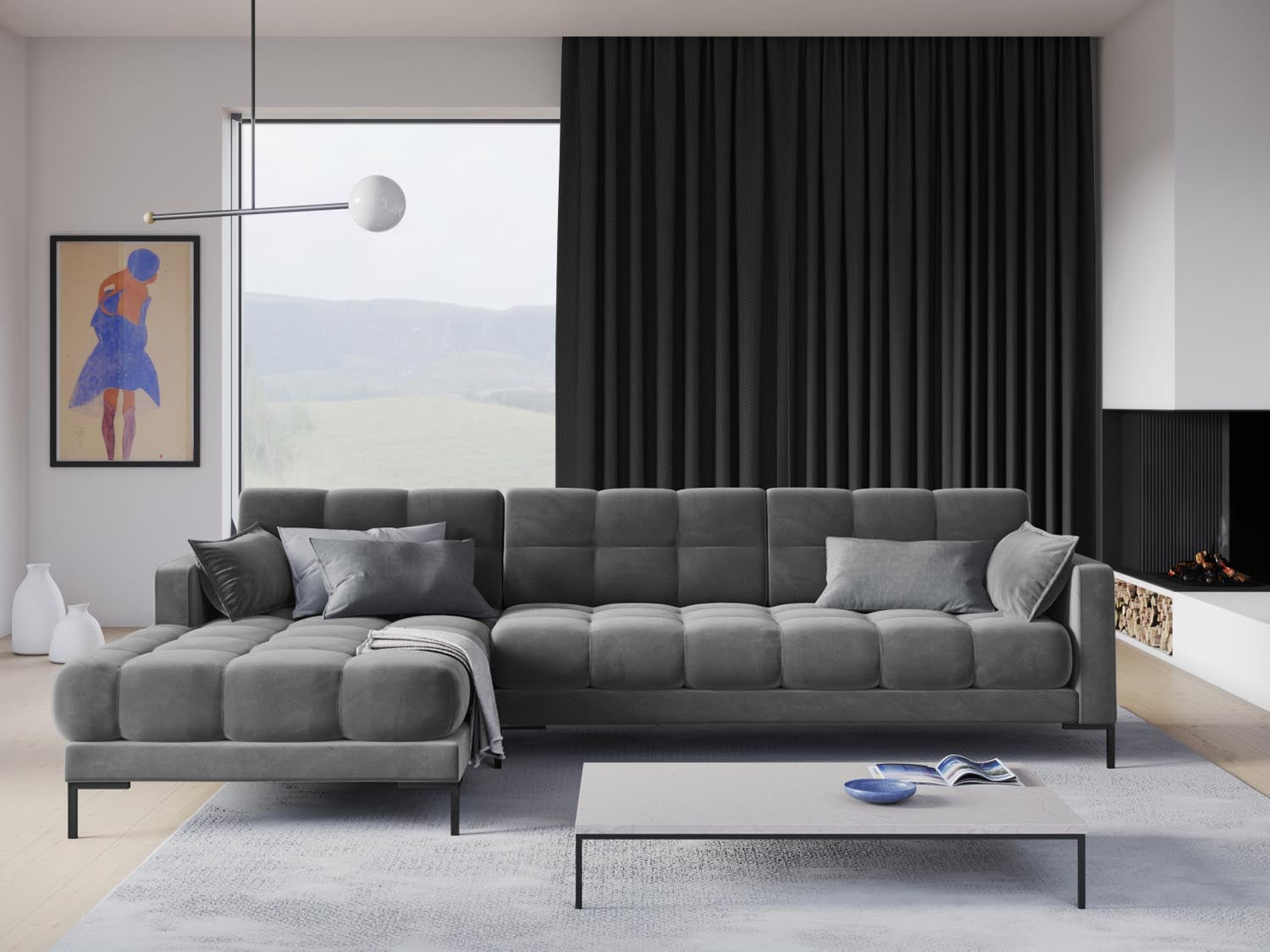 Mamaia Velour Ecksofa links 5 Sitzer in Light Grey/Schwarz präsentiert im Onlineshop von KAQTU Design AG. Ecksofa links ist von Micadoni
