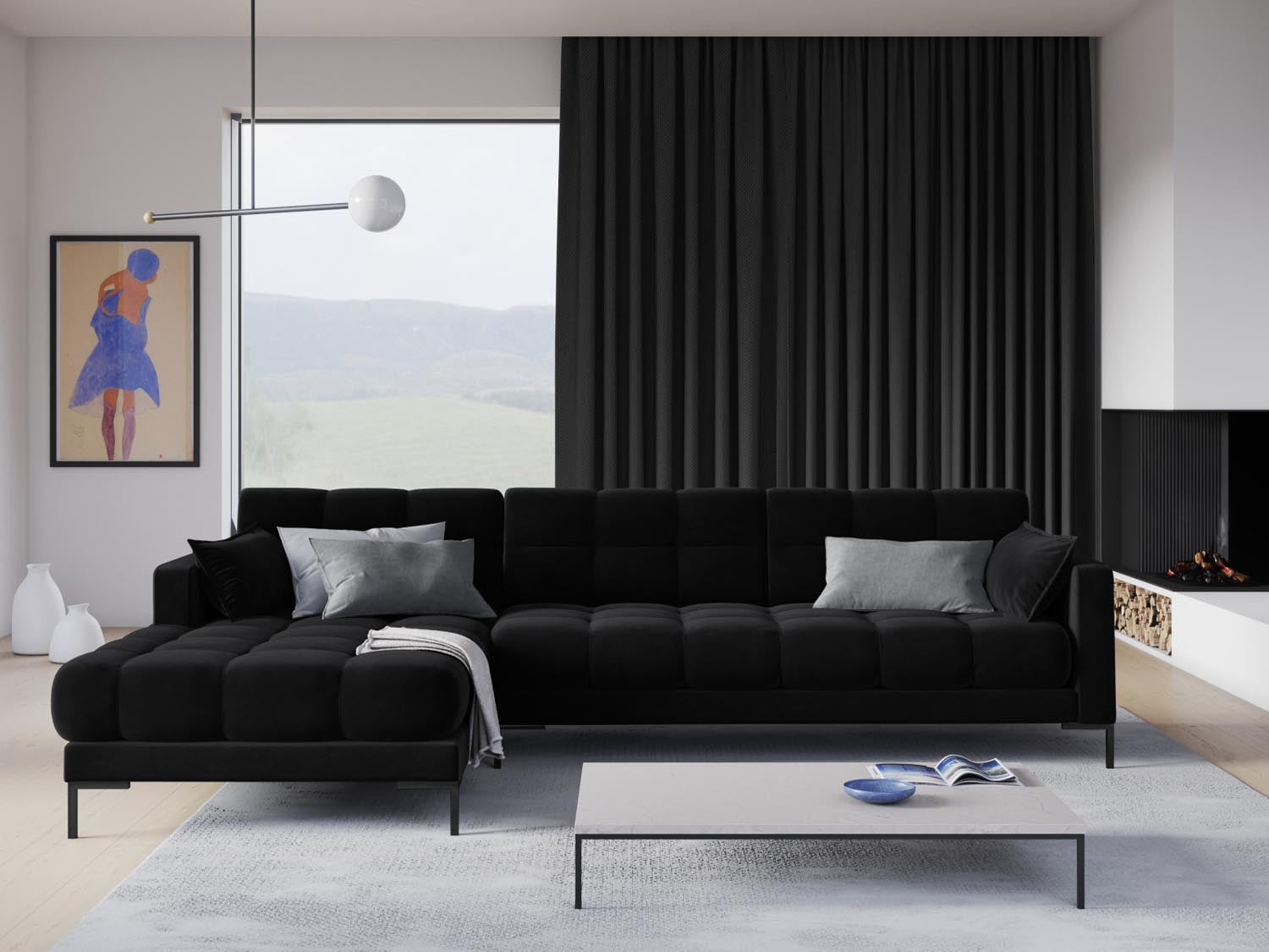 Mamaia Velour Ecksofa links 5 Sitzer in Black/Schwarz präsentiert im Onlineshop von KAQTU Design AG. Ecksofa links ist von Micadoni