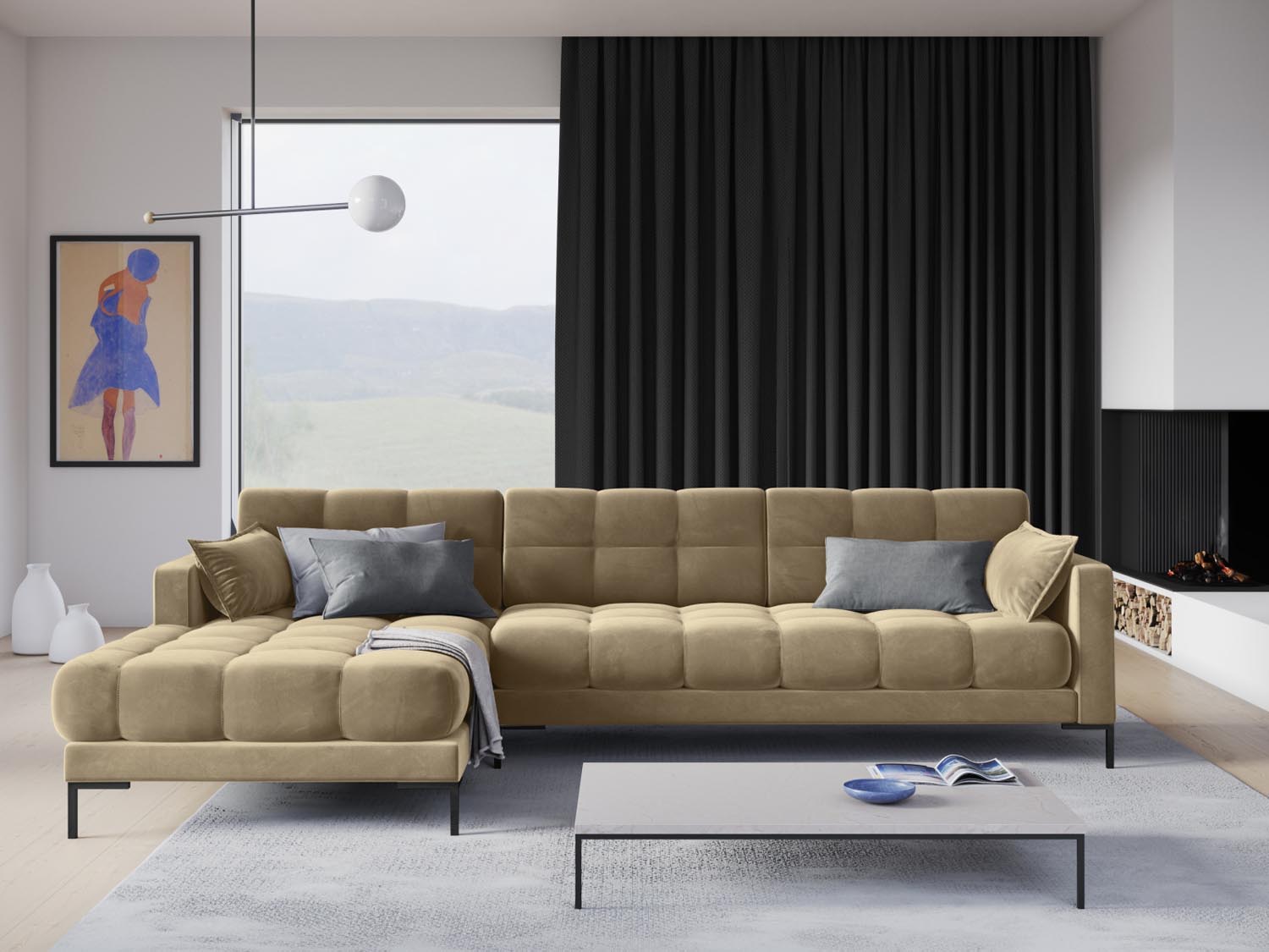 Mamaia Velour Ecksofa links 5 Sitzer in Beige/Schwarz präsentiert im Onlineshop von KAQTU Design AG. Ecksofa links ist von Micadoni
