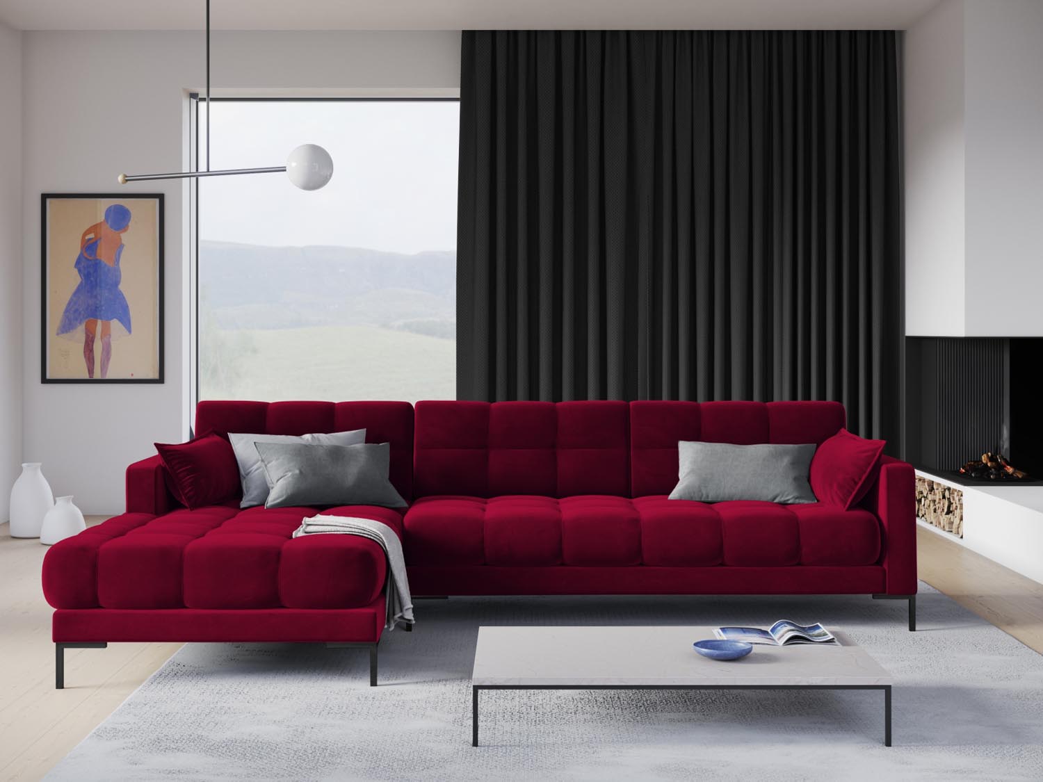 Mamaia Velour Ecksofa links 5 Sitzer in Red/Schwarz präsentiert im Onlineshop von KAQTU Design AG. Ecksofa links ist von Micadoni