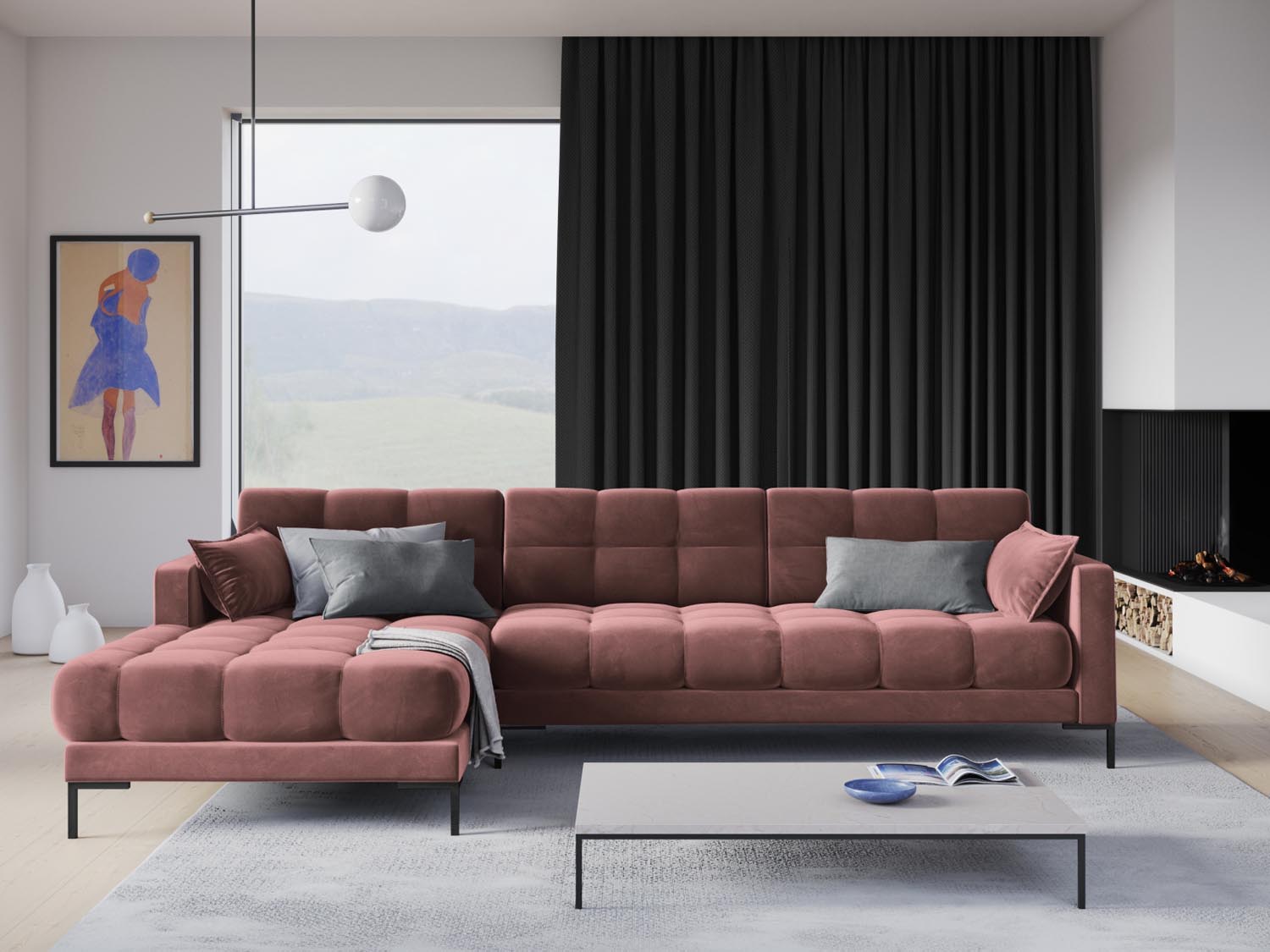 Mamaia Velour Ecksofa links 5 Sitzer in Pink/Schwarz präsentiert im Onlineshop von KAQTU Design AG. Ecksofa links ist von Micadoni