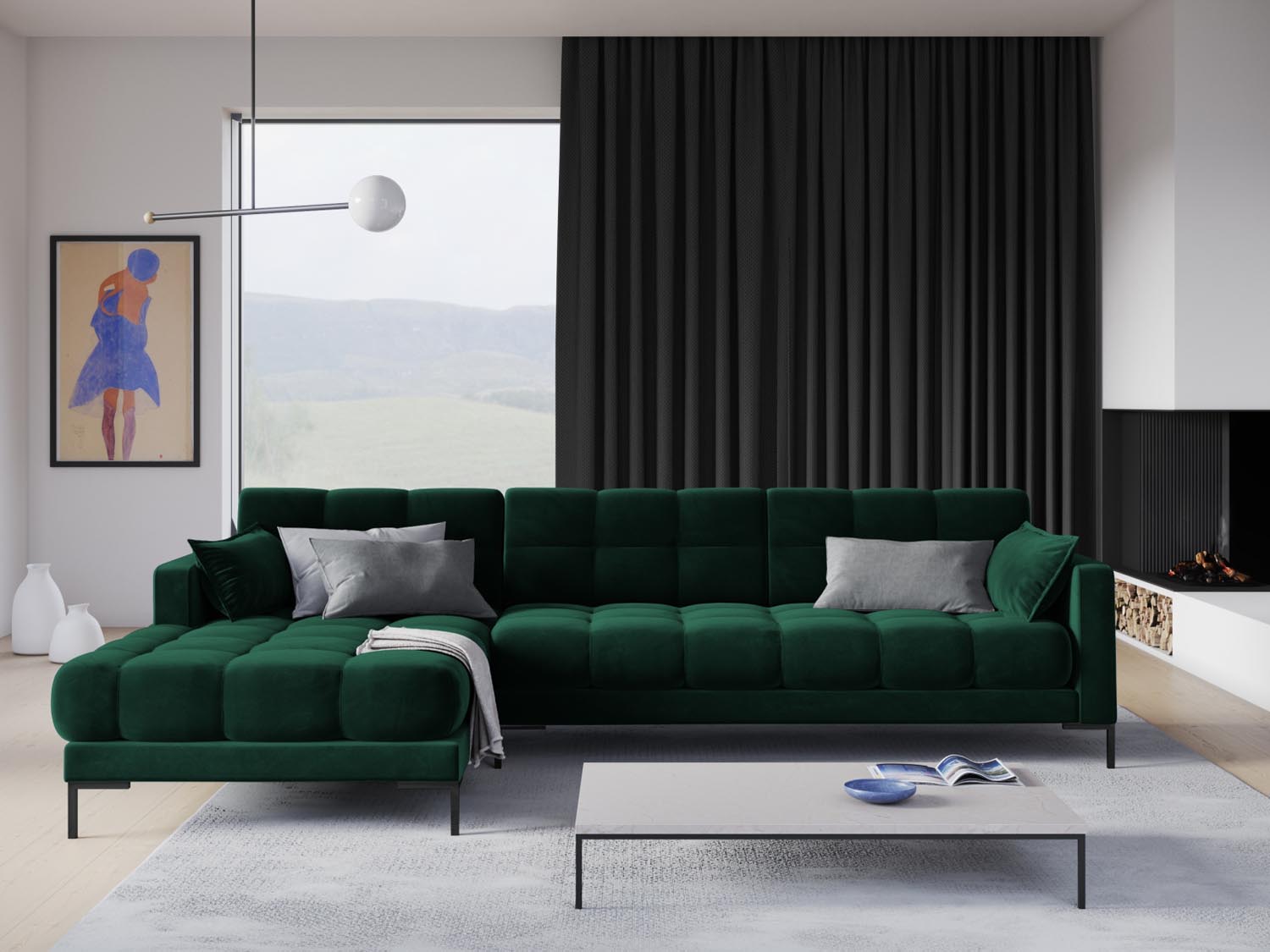 Mamaia Velour Ecksofa links 5 Sitzer in Bottle Green/Schwarz präsentiert im Onlineshop von KAQTU Design AG. Ecksofa links ist von Micadoni