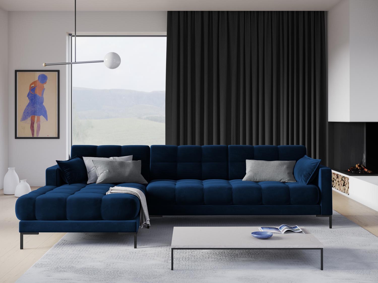 Mamaia Velour Ecksofa links 5 Sitzer in Royal Blue/Schwarz präsentiert im Onlineshop von KAQTU Design AG. Ecksofa links ist von Micadoni