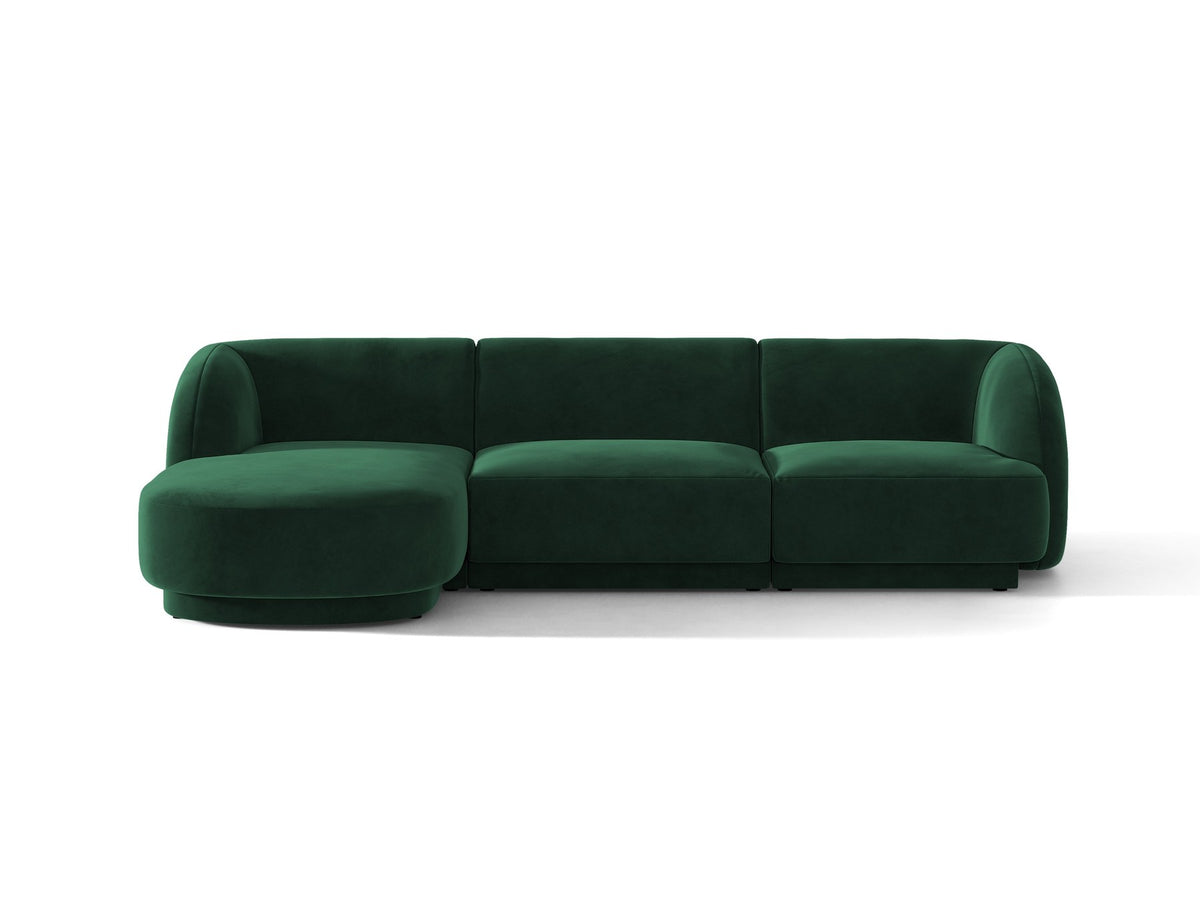 Miley Linkes Ecksofa von Micadoni, L-Sofa links in Dunkelbeige mit Bluvel-Stoffbezug und schwarzen Kunststoffbeinen, Frontalansicht.