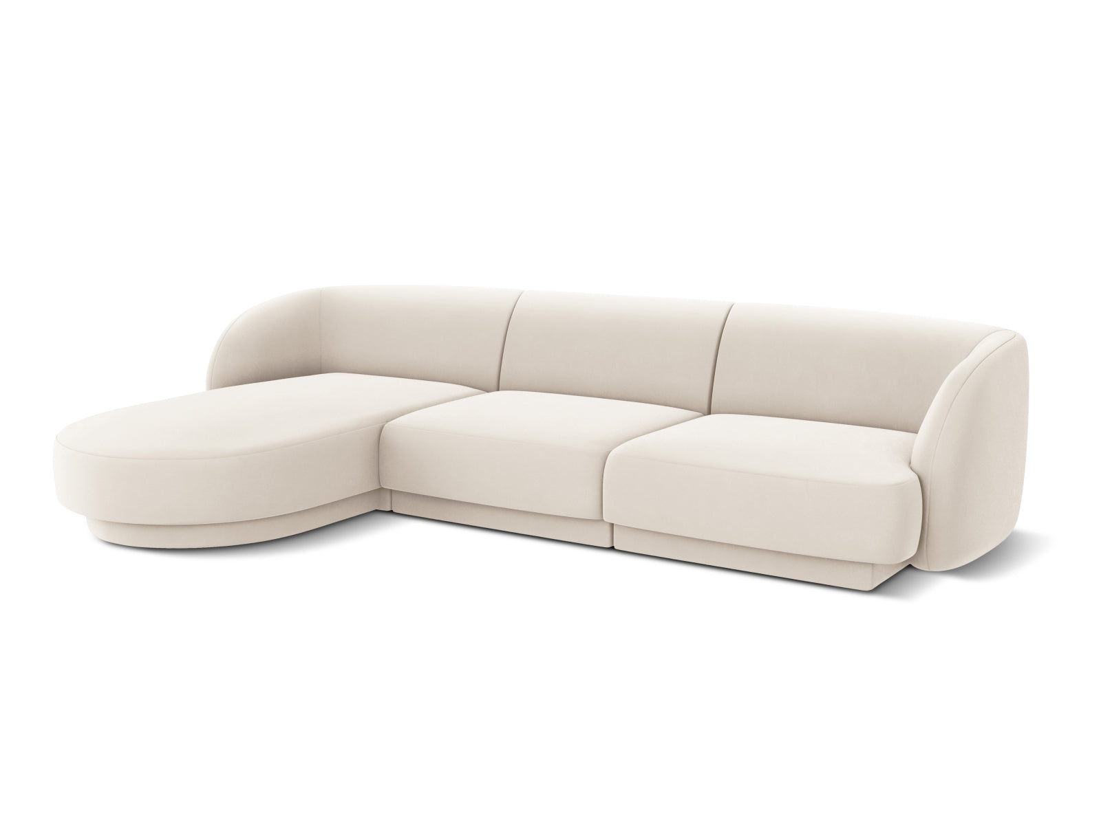 Modernes Miley Velour Ecksofa links in zartem Beige, perfekt für gemütliche Wohnzimmer. Geräumiges 4-Sitzer Modell von Micadoni.