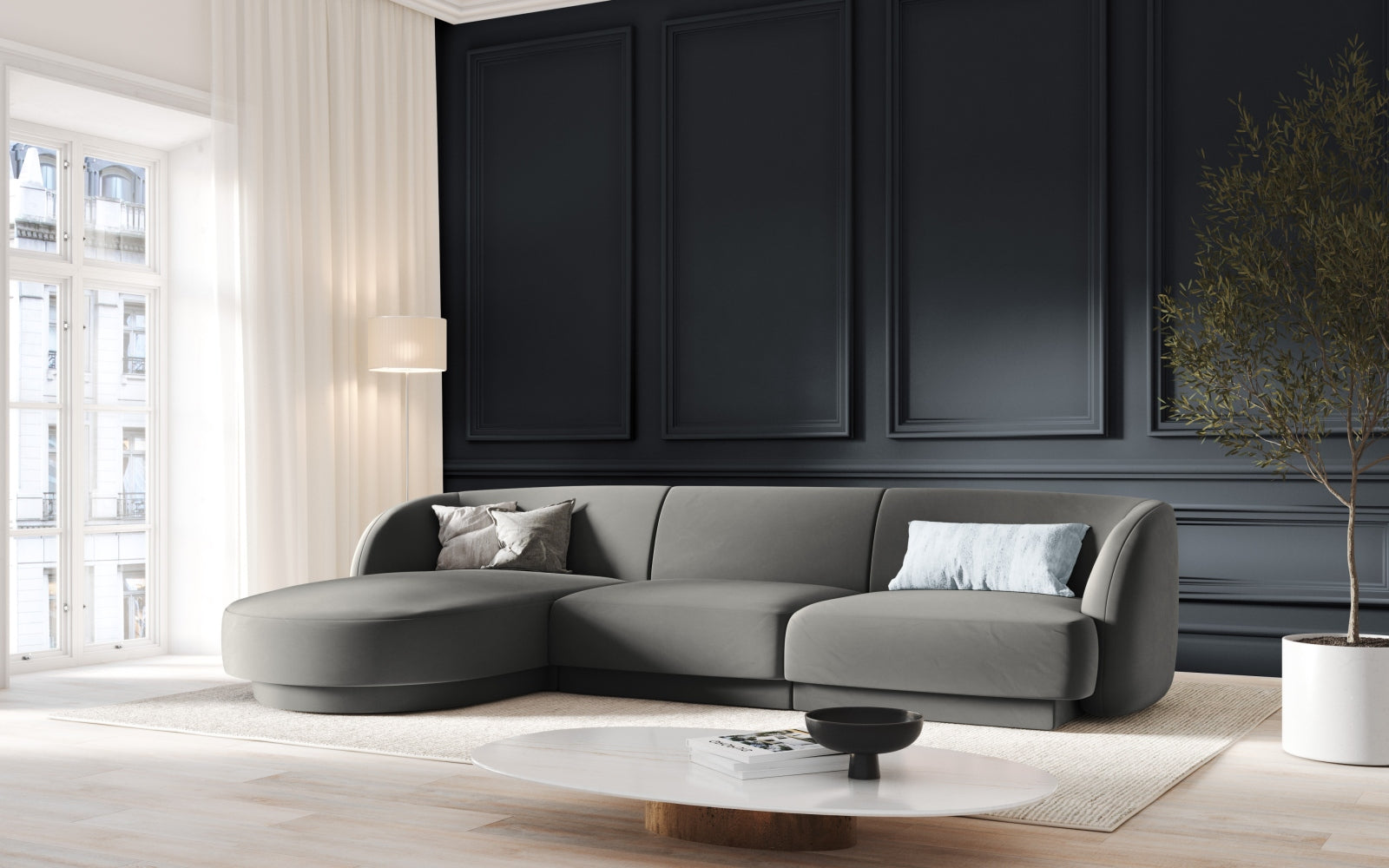 Miley Velour Ecksofa links 4 Sitzer in Light Grey präsentiert im Onlineshop von KAQTU Design AG. Ecksofa links ist von Micadoni