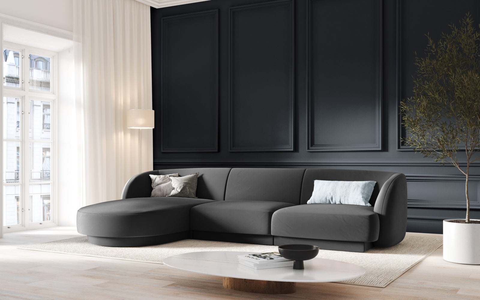 Miley Velour Ecksofa links 4 Sitzer in Grey präsentiert im Onlineshop von KAQTU Design AG. Ecksofa links ist von Micadoni