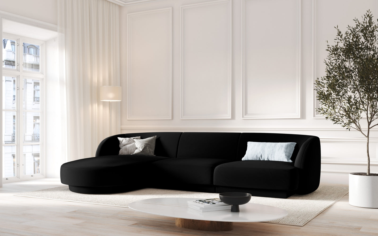 Miley Velour Ecksofa links 4 Sitzer in Black präsentiert im Onlineshop von KAQTU Design AG. Ecksofa links ist von Micadoni