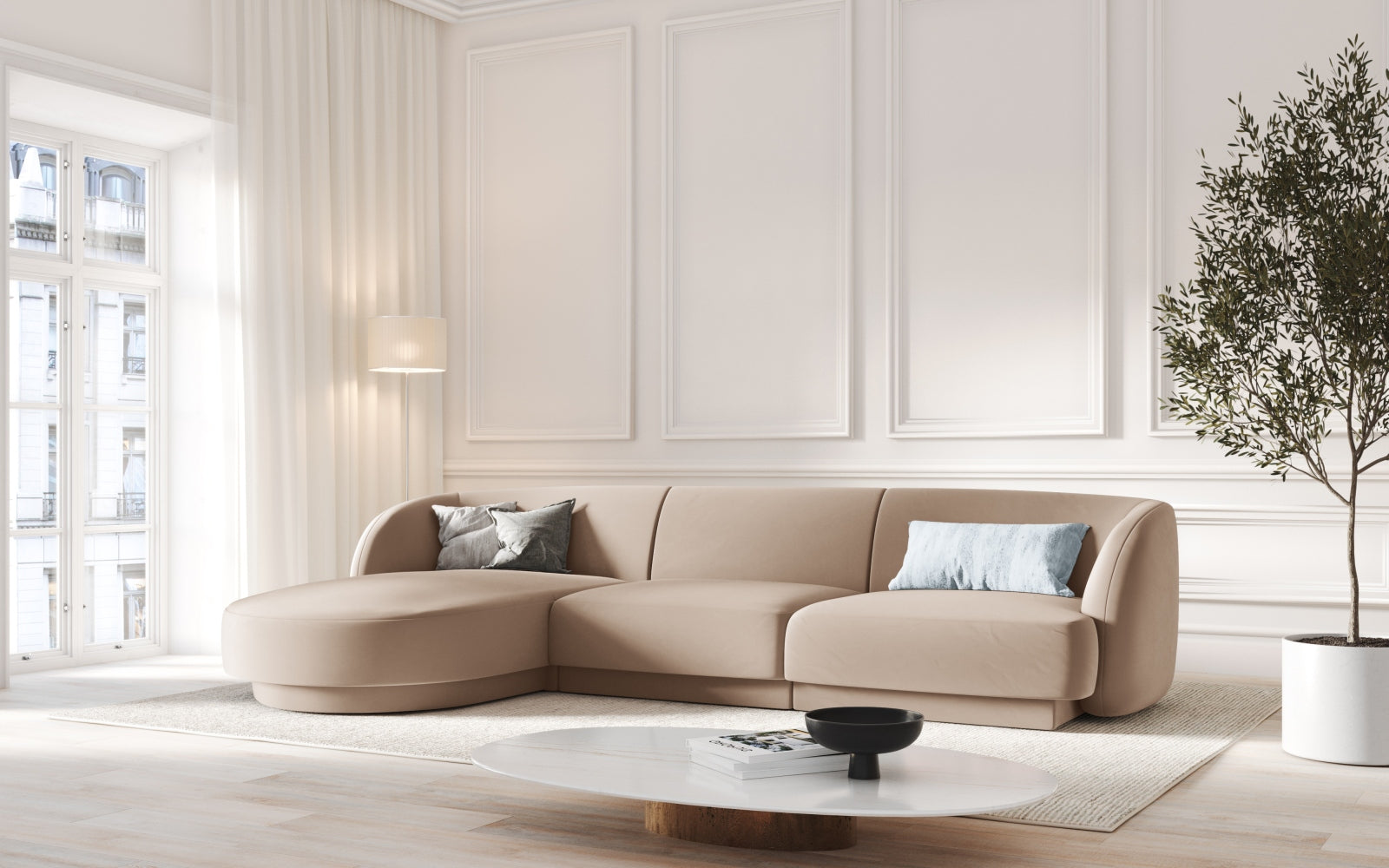 Miley Velour Ecksofa links 4 Sitzer in Cappuccino präsentiert im Onlineshop von KAQTU Design AG. Ecksofa links ist von Micadoni