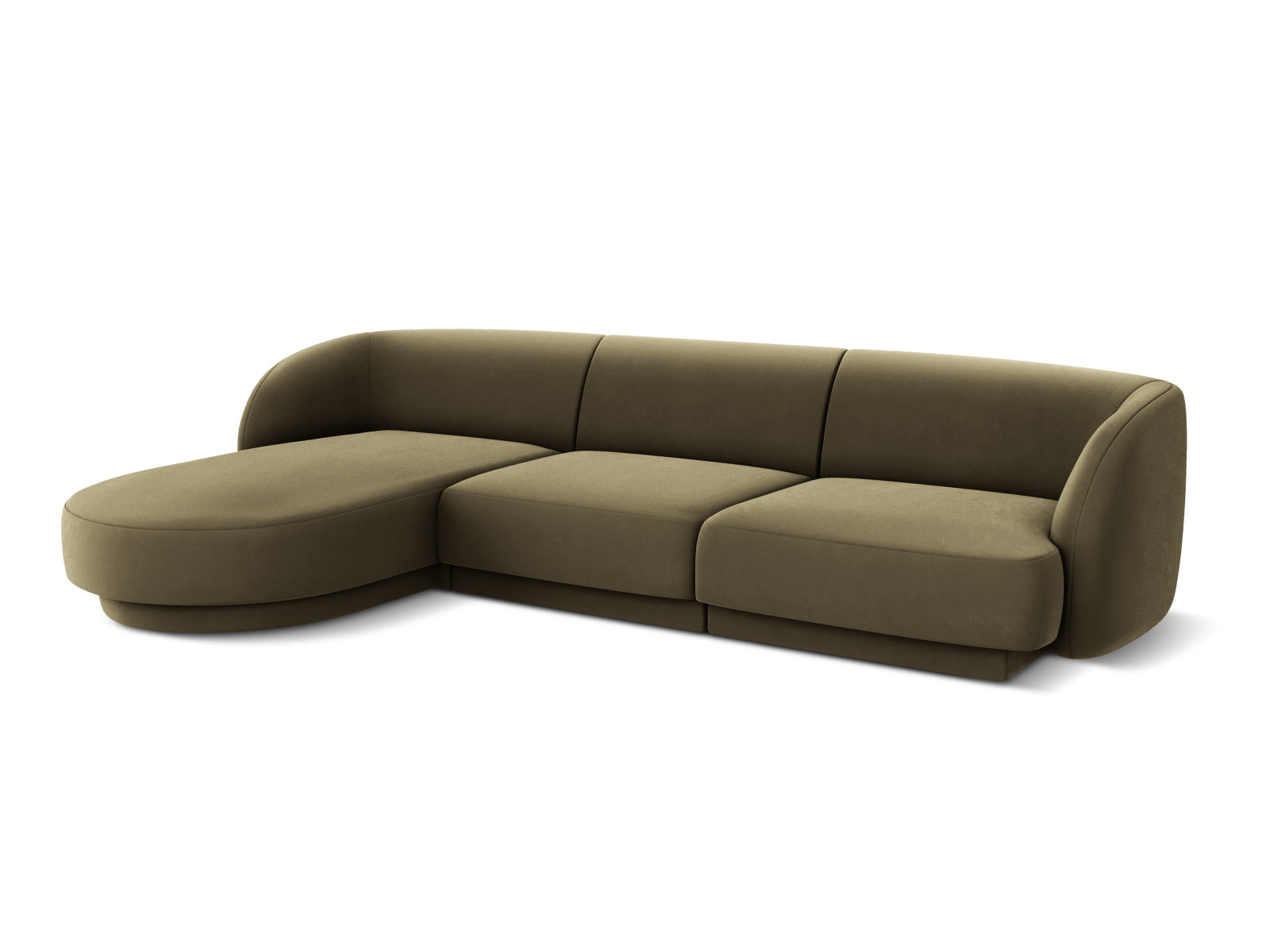 Luxuriöses Miley Velour Ecksofa links, 4-Sitzer in trendigem Green-Bluvel, perfekt für stilvolle und gemütliche Wohnbereiche.