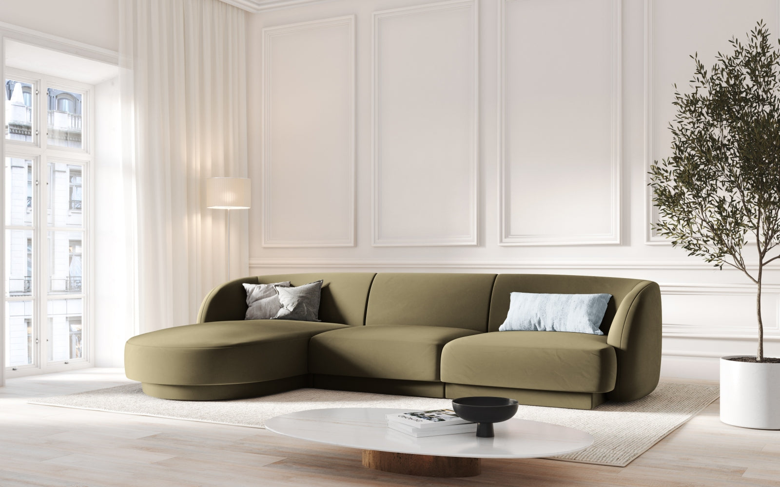 Miley Velour Ecksofa links 4 Sitzer in Green präsentiert im Onlineshop von KAQTU Design AG. Ecksofa links ist von Micadoni
