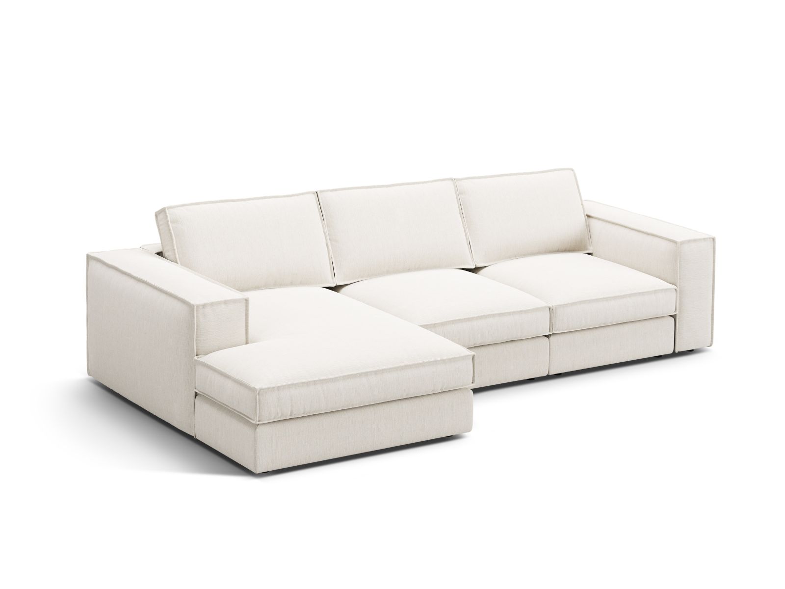 Elegantes 3-Sitzer Ecksofa Pola in modernem Design, ideal für stilvolle Wohnräume, präsentiert in hellem Weiß.