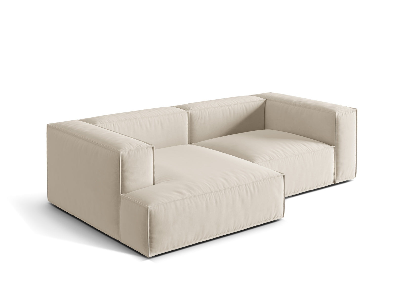 Beige Nuria Velour Ecksofa links, 3-Sitzer von Micadoni, modernes Design, ideal für stilvolle Wohnräume, bietet hohen Komfort und Eleganz.