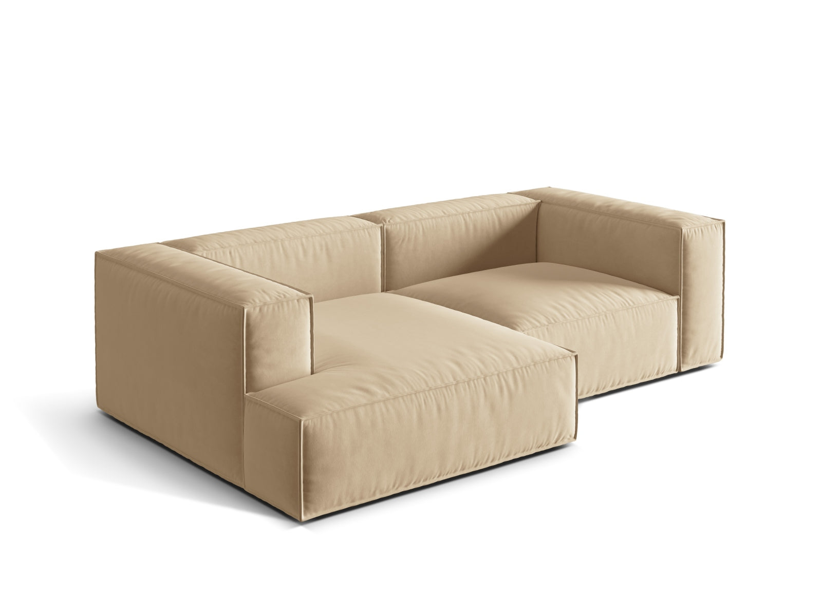 Modulares Nuria Velour Ecksofa in sanftem Nude-Ton, 3-Sitzer, linksseitig, perfekt für moderne und gemütliche Wohnambiente.