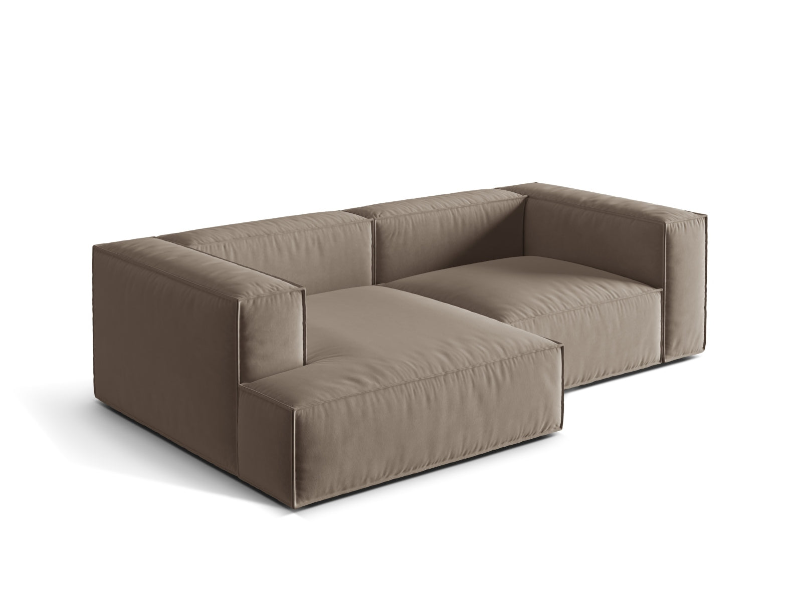 Modulares Nuria Velour Ecksofa in sanftem Warm Grey, linksseitig, bietet Komfort und Stil für jedes Wohnzimmer. Ideal für gesellige Abende.
