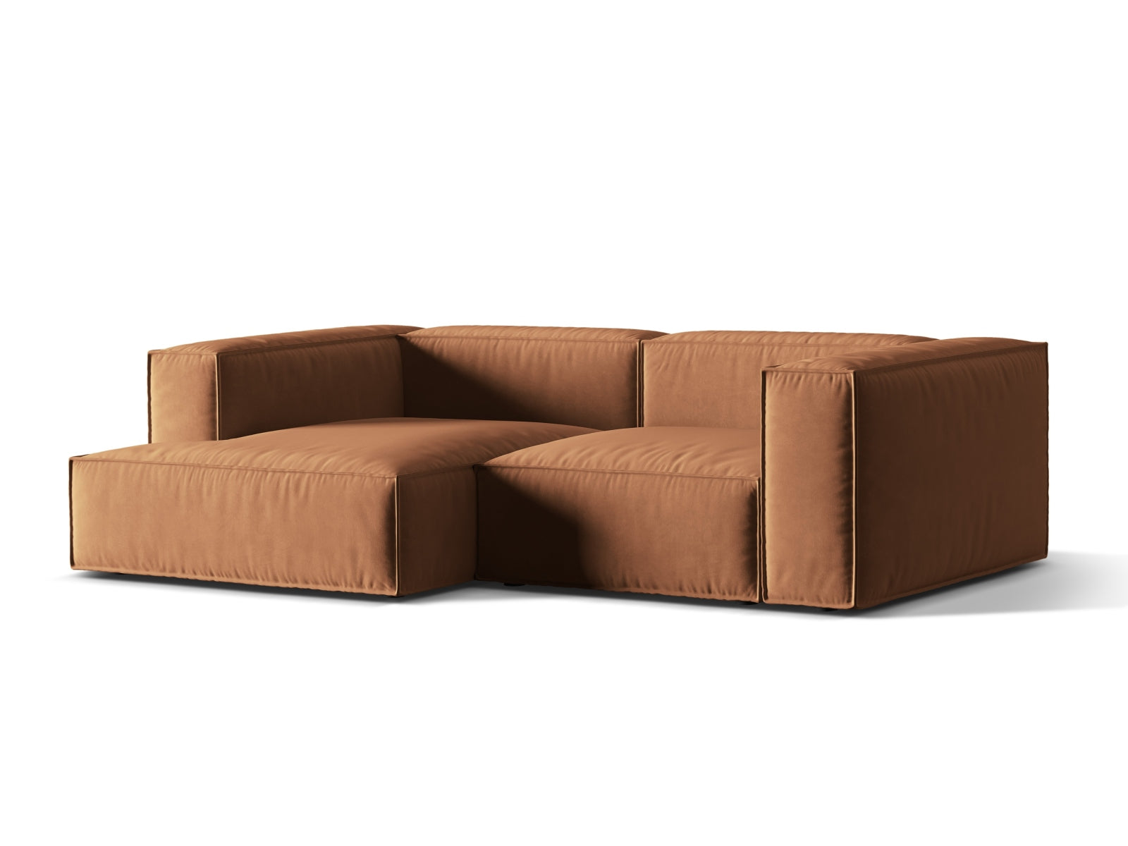 Elegantes Nuria Velour Ecksofa links in warmem Honey-Paris, ideal für stilvolle Wohnräume. Modular und bequem, perfekt für entspannte Abende.