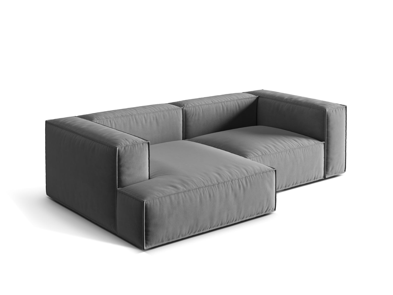 Modernes 3-Sitzer Ecksofa Nuria aus Velours in Grau, linksseitig, perfekt für gemütliche und stilvolle Wohnlandschaften.