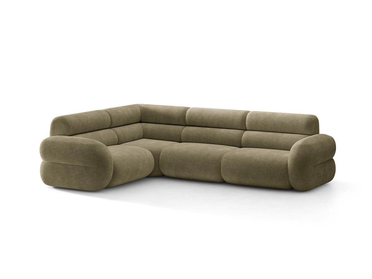 Micadoni Neo Linkes Ecksofa in Dunklem Olivgrün, L-Sofa links mit tiefer Sitzfläche, hoher Rückenlehne und schwarzen Kunststoffbeinen.
