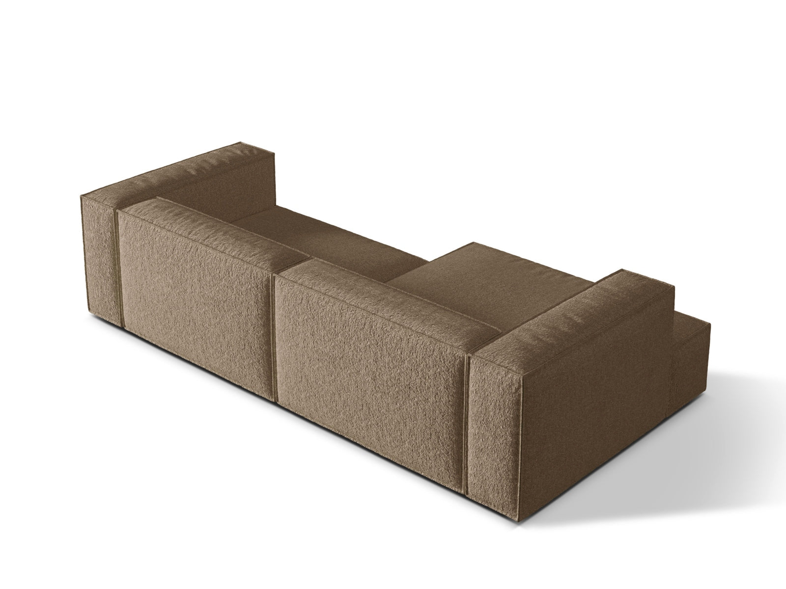 Elegantes, modulares Ecksofa Nuria Boucle in warmem Cappuccino, linksseitig, ideal für stilvolle und einladende Wohnräume.