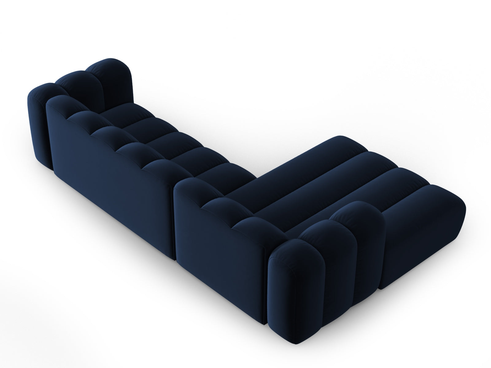 Elegantes, modulares Ecksofa in Royal Blue mit luxuriösem Velour, ideal für stilvolle Wohnräume. 4-Sitzer von Micadoni, linksseitig.