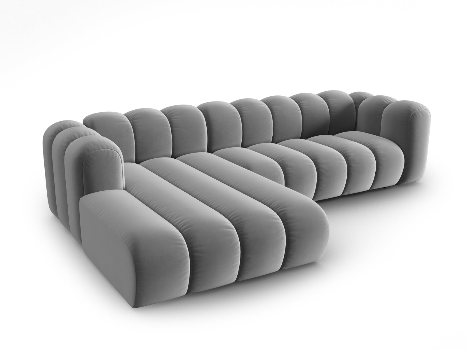 Modulares 4-Sitzer Ecksofa Lupine Velour links in edlem Grau, perfekt für stilvolle Wohnzimmer und gemütliche Entspannung.