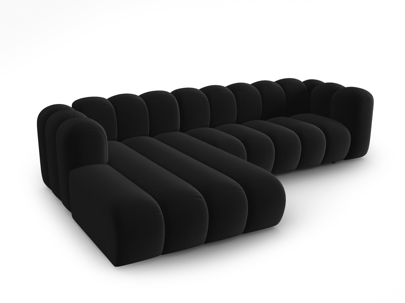 Modulares L-Sofa in luxuriösem Velours, 4-Sitzer, linksseitig, perfekt für moderne Wohnkonzepte und gemütliche Abende.
