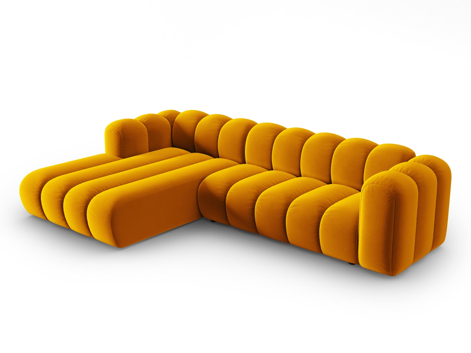 Elegantes, modulares Ecksofa in Velours mit 4 Sitzen, linksseitig, in strahlendem Gelb, ideal für stilvolle Wohnräume.