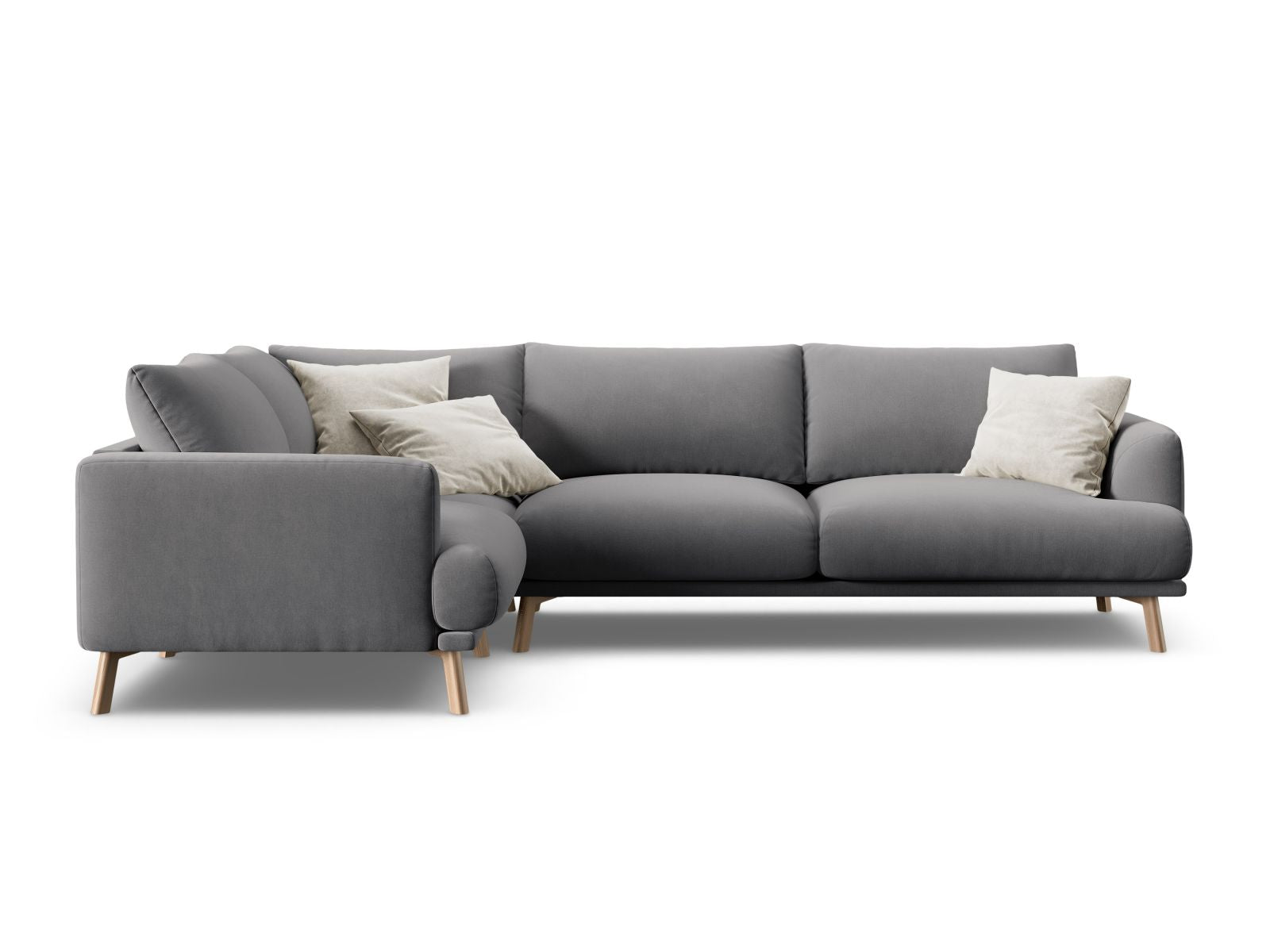 Modernes 4-Sitzer Ecksofa links Naomi in stilvollem Grau, ideal für entspannte Stunden und geschmackvolle Einrichtung.