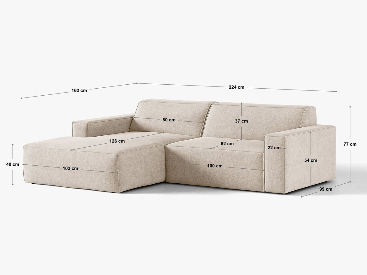 Modulares Ecksofa links Jodie mit Meridienne, Stoffbezug und schwarzen Beinen