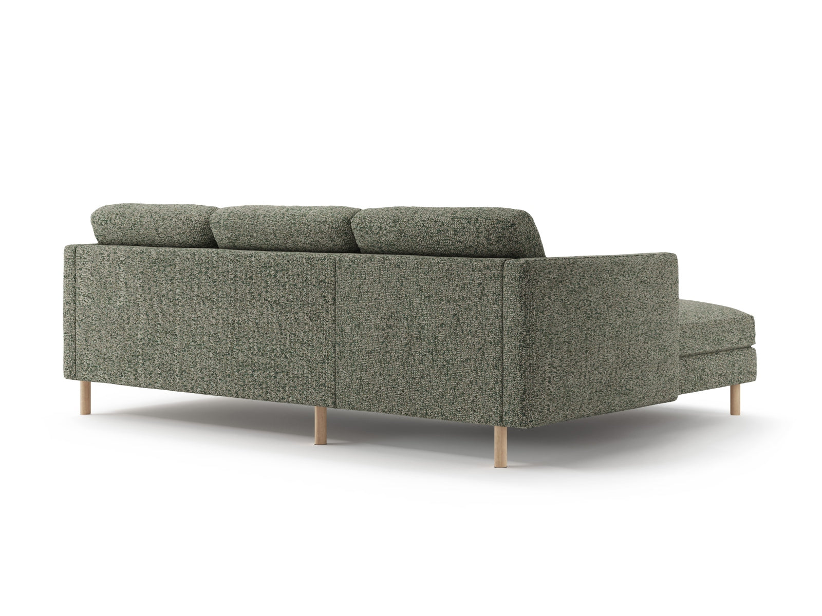 Modernes 3-Sitzer Eden Ecksofa links in einem ansprechenden Moss Green Melange, perfekt für entspannte Stunden und stilvolle Einrichtung.
