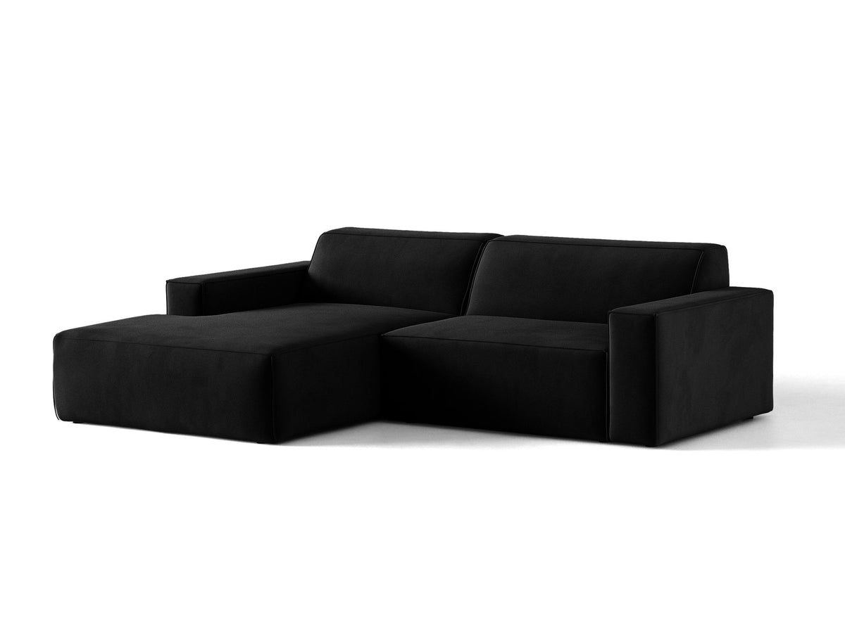 Modulares Ecksofa links Jodie mit Meridienne, Stoffbezug und schwarzen Beinen