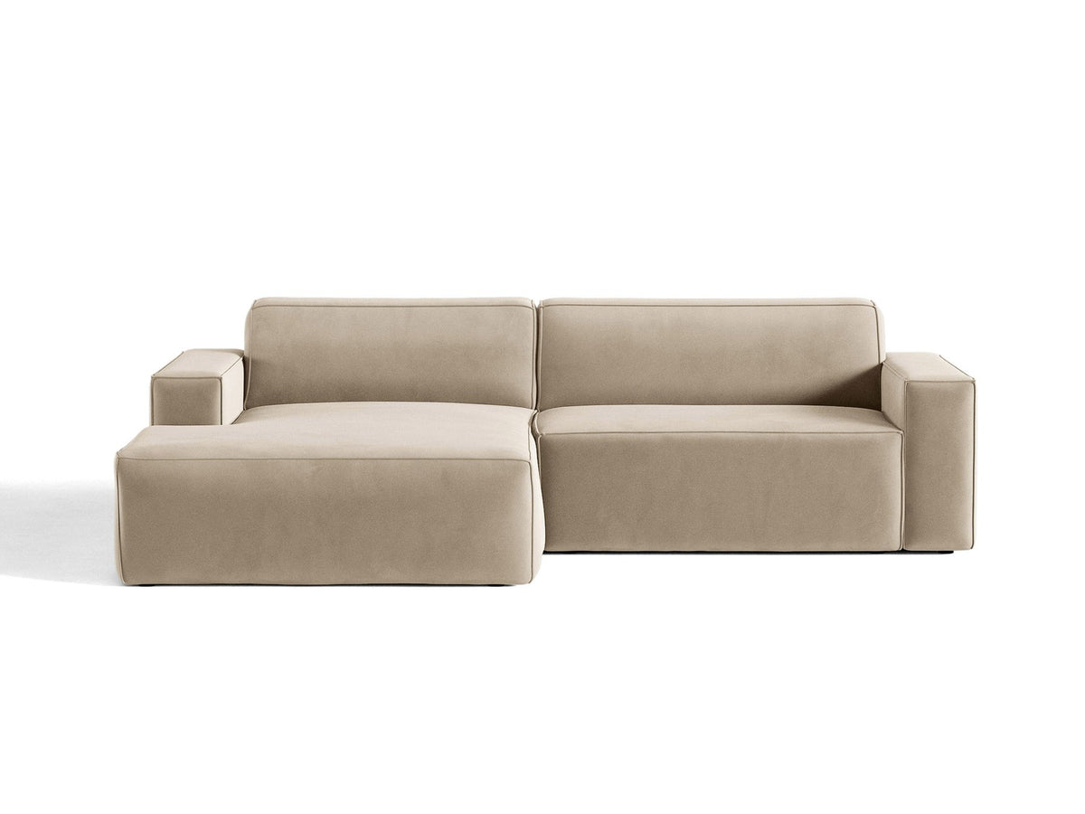 Modulares Ecksofa links Jodie mit Meridienne, Stoffbezug und schwarzen Beinen