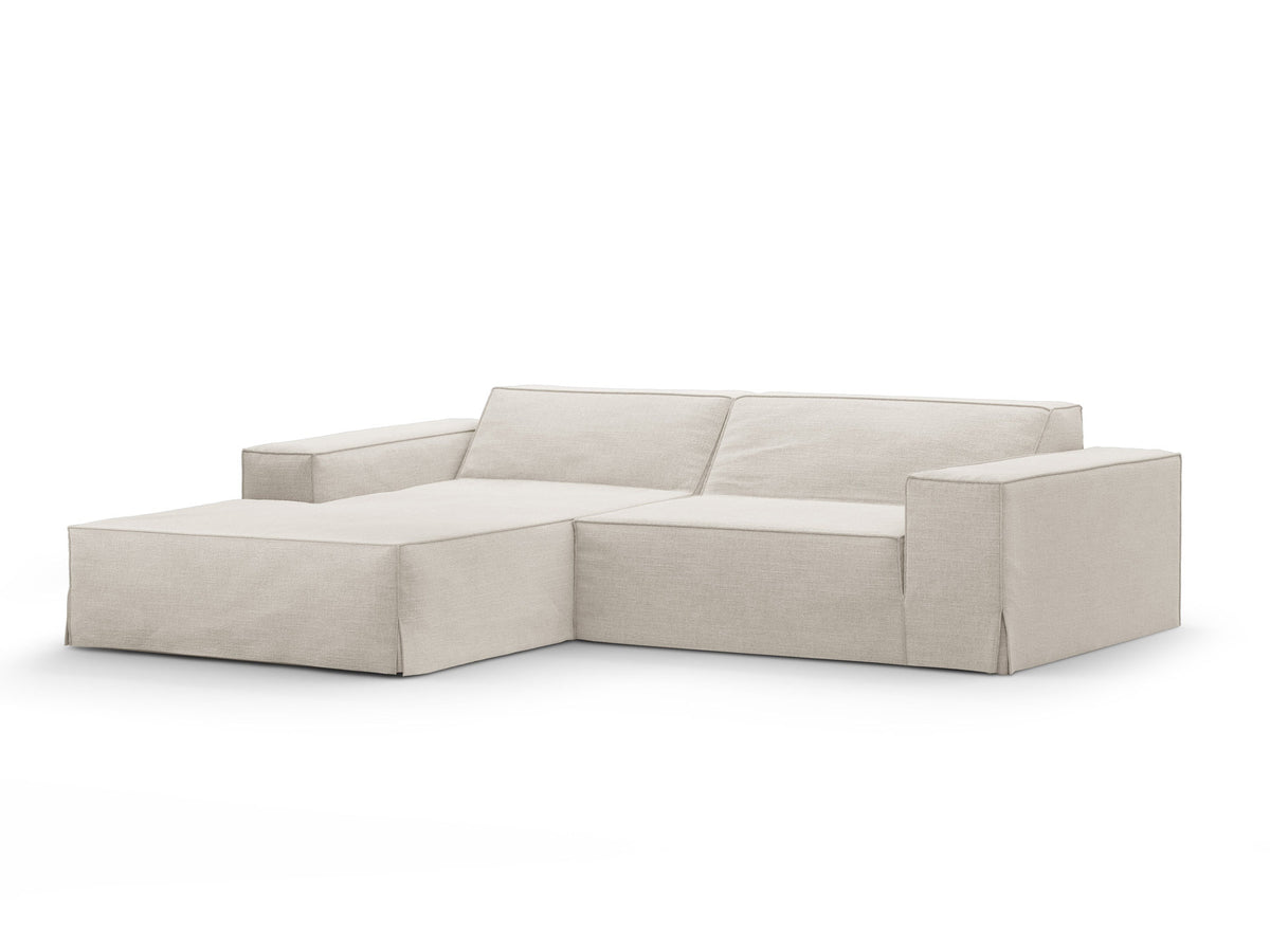 Modulares Ecksofa links Jodie mit Meridienne, Stoffbezug und schwarzen Beinen