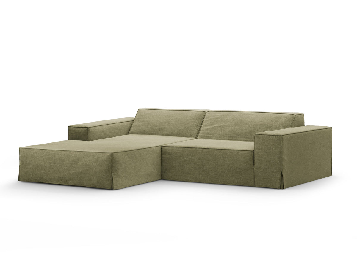 Modulares Ecksofa links Jodie mit Meridienne, Stoffbezug und schwarzen Beinen