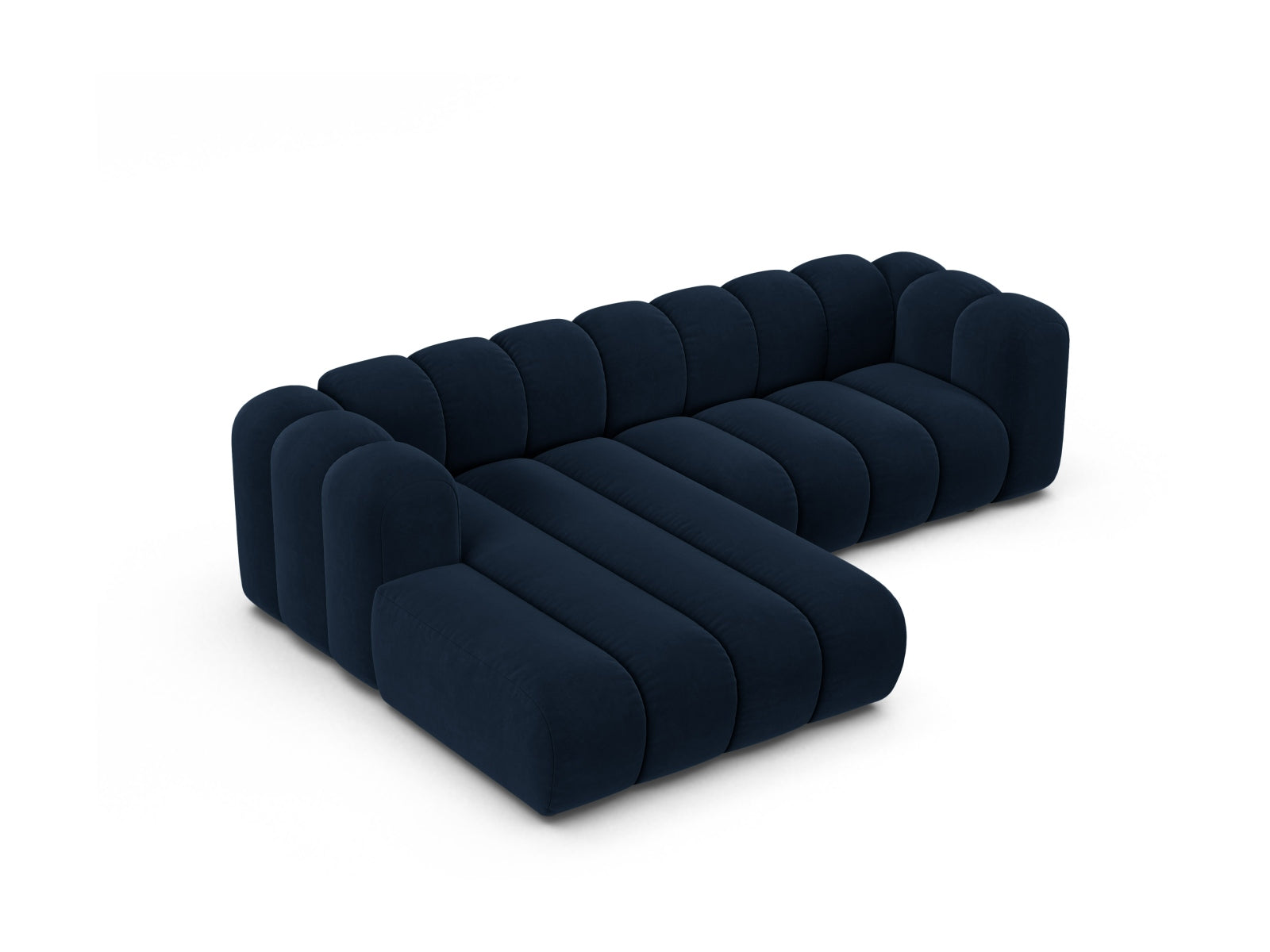 Luxuriöses 4-Sitzer Ecksofa in Royal Blue aus Velours, linksseitig, perfekt für moderne Wohnkonzepte, erhältlich bei Micadoni.