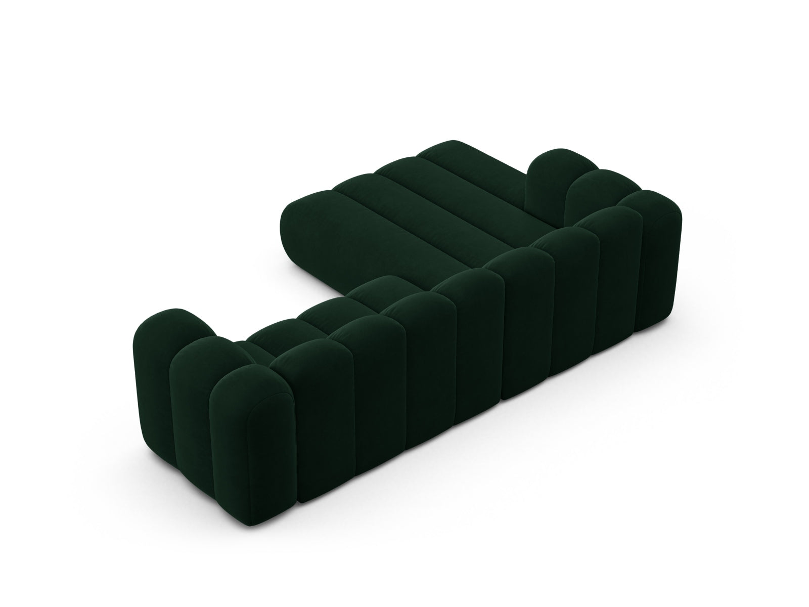 Elegantes linksseitiges 4-Sitzer Ecksofa Lupine aus weichem Velours in edlem Flaschengrün, ideal für stilvolle Wohnräume.