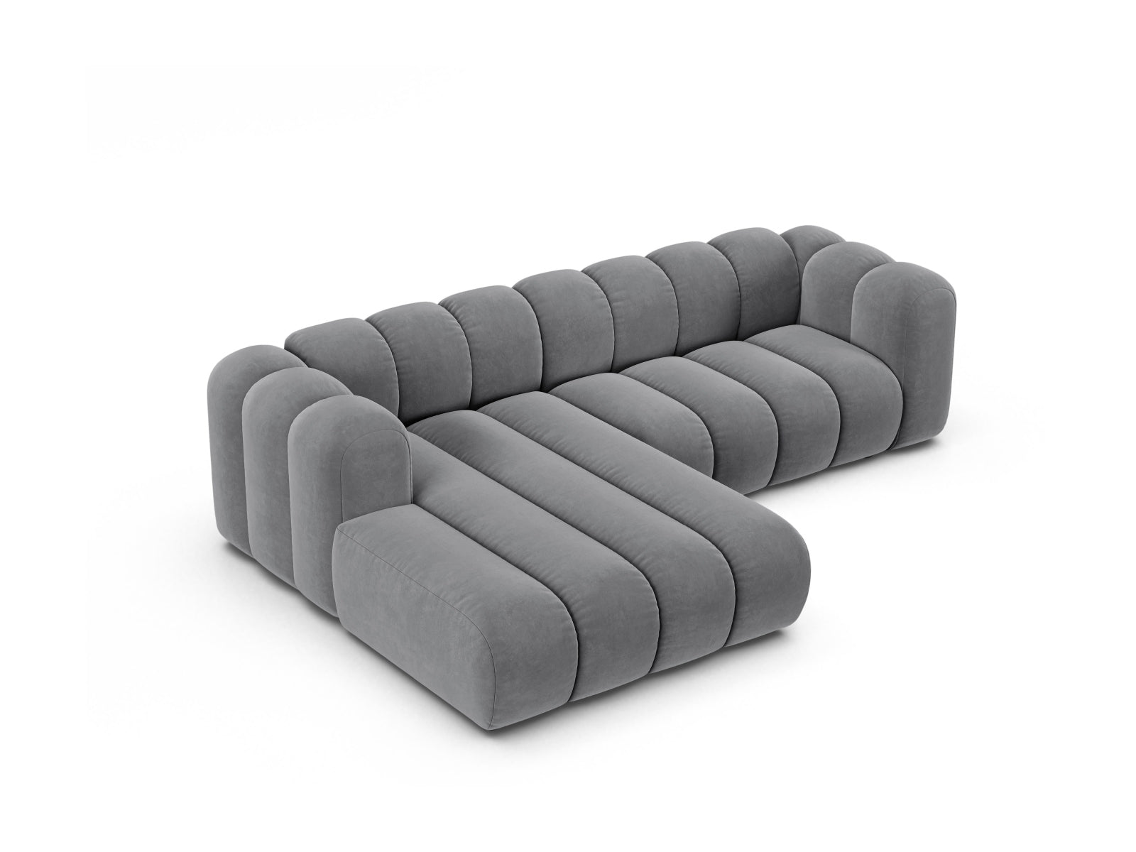 Gemütliches 4-Sitzer Ecksofa Lupine aus Velours, linksseitig, in edlem Grau, perfekt für stilvolle Wohnzimmergestaltung.