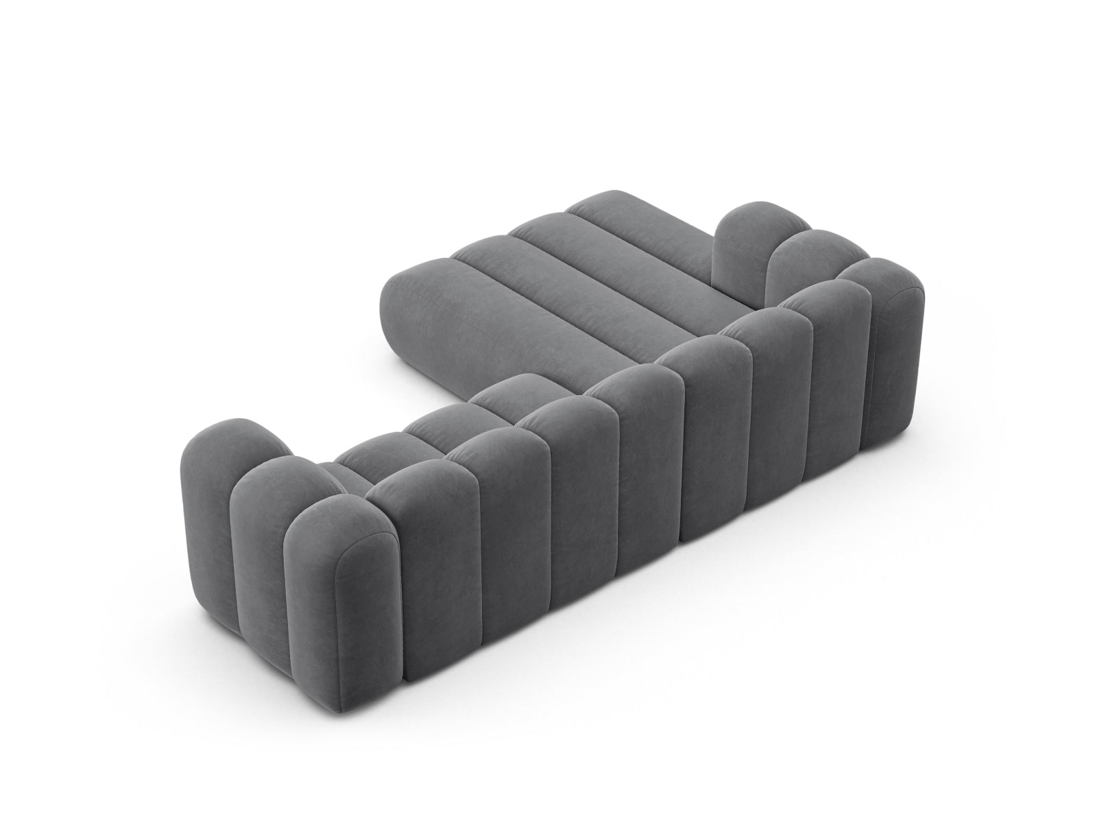 Elegantes linksseitiges 4-Sitzer Ecksofa Lupine aus weichem Velours in Grau, ideal für moderne Wohnräume und entspannte Abende.