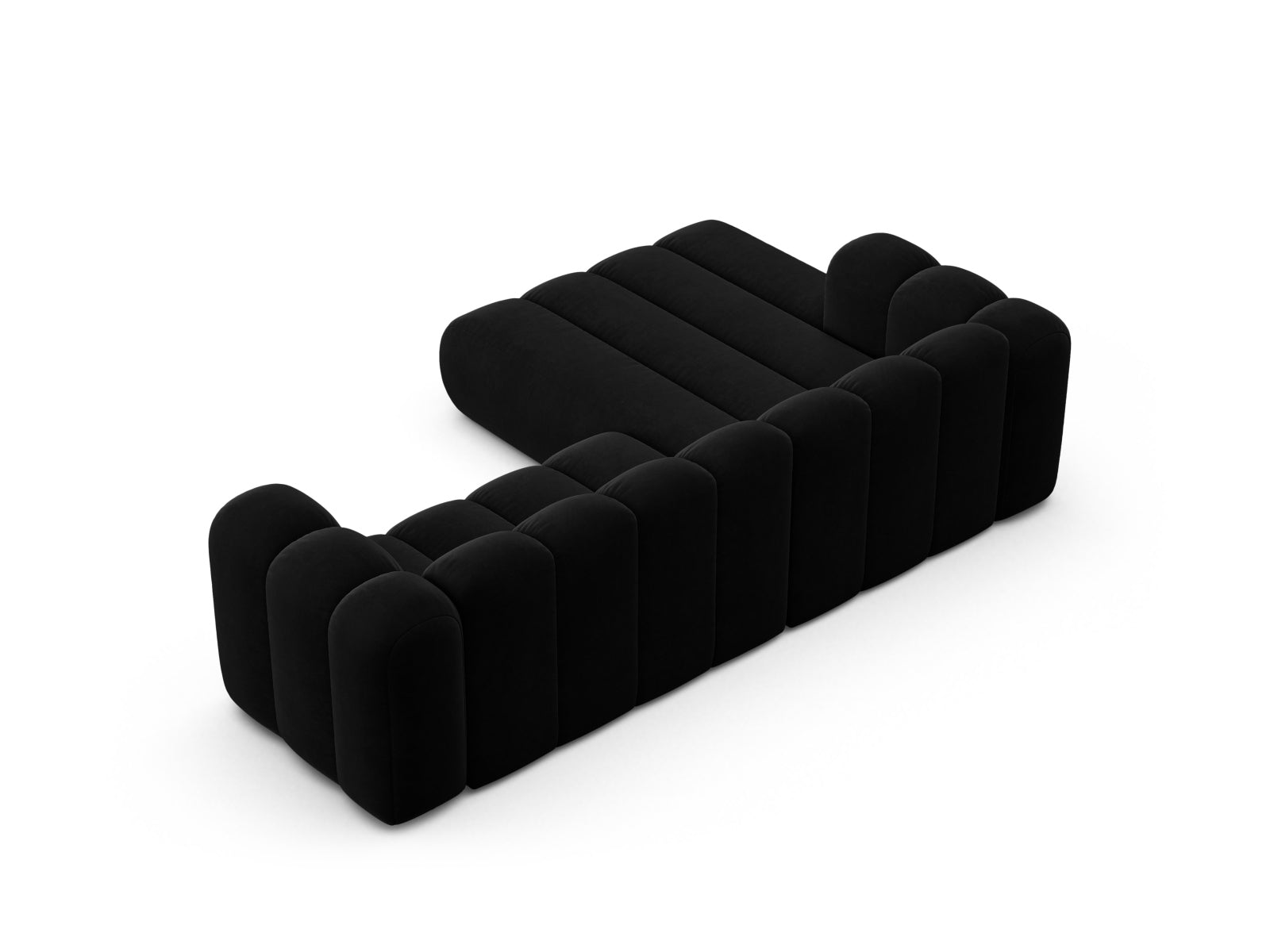 Elegantes linksseitiges 4-Sitzer Ecksofa aus Velours in stilvollem Schwarz, ideal für moderne Wohnräume von Micadoni.