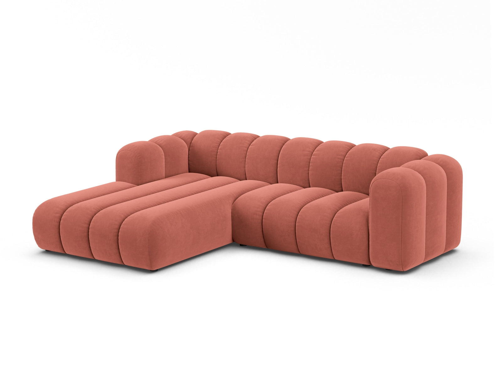 Elegantes Lupine Velour Ecksofa links, 4-Sitzer in stilvollem Coral-Salvador, ideal für moderne Wohnräume.