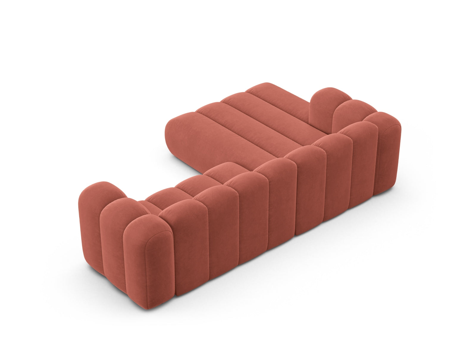 Elegantes, modulares Ecksofa Lupine Velour links in stilvollem Coral-Salvador, ideal für moderne Wohnräume und gemütliche Atmosphäre.